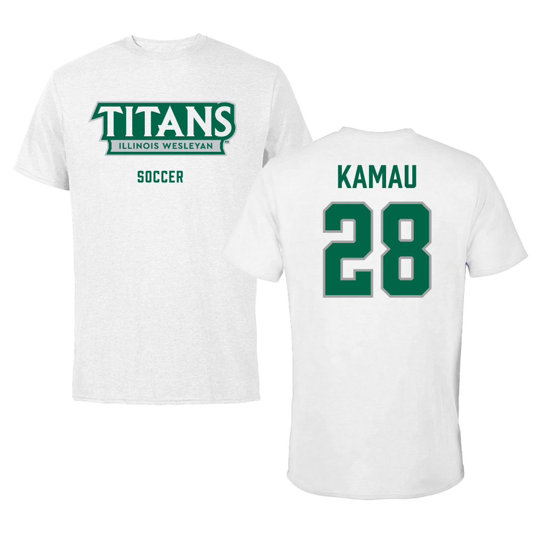 Illinois Wesleyan University Soccer White Mascot Performance Tee - #28 Kalabi Kamau