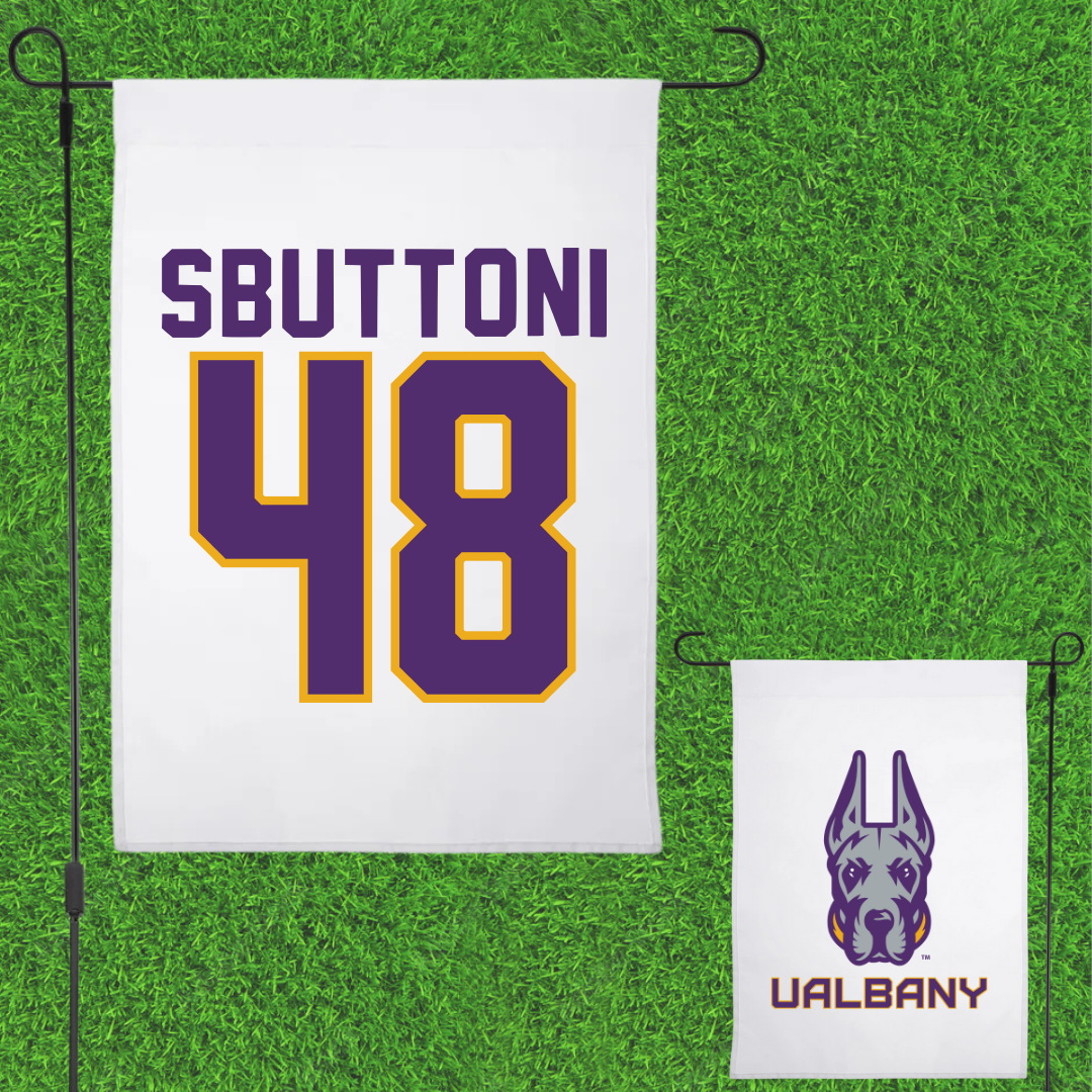 University at Albany Football White Garden Flag - #48 Michael Sbuttoni