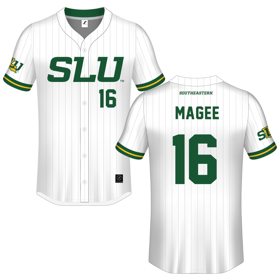 Southeastern Louisiana University White Pinstripe Button-Down Jersey - #16 Chloe Magee