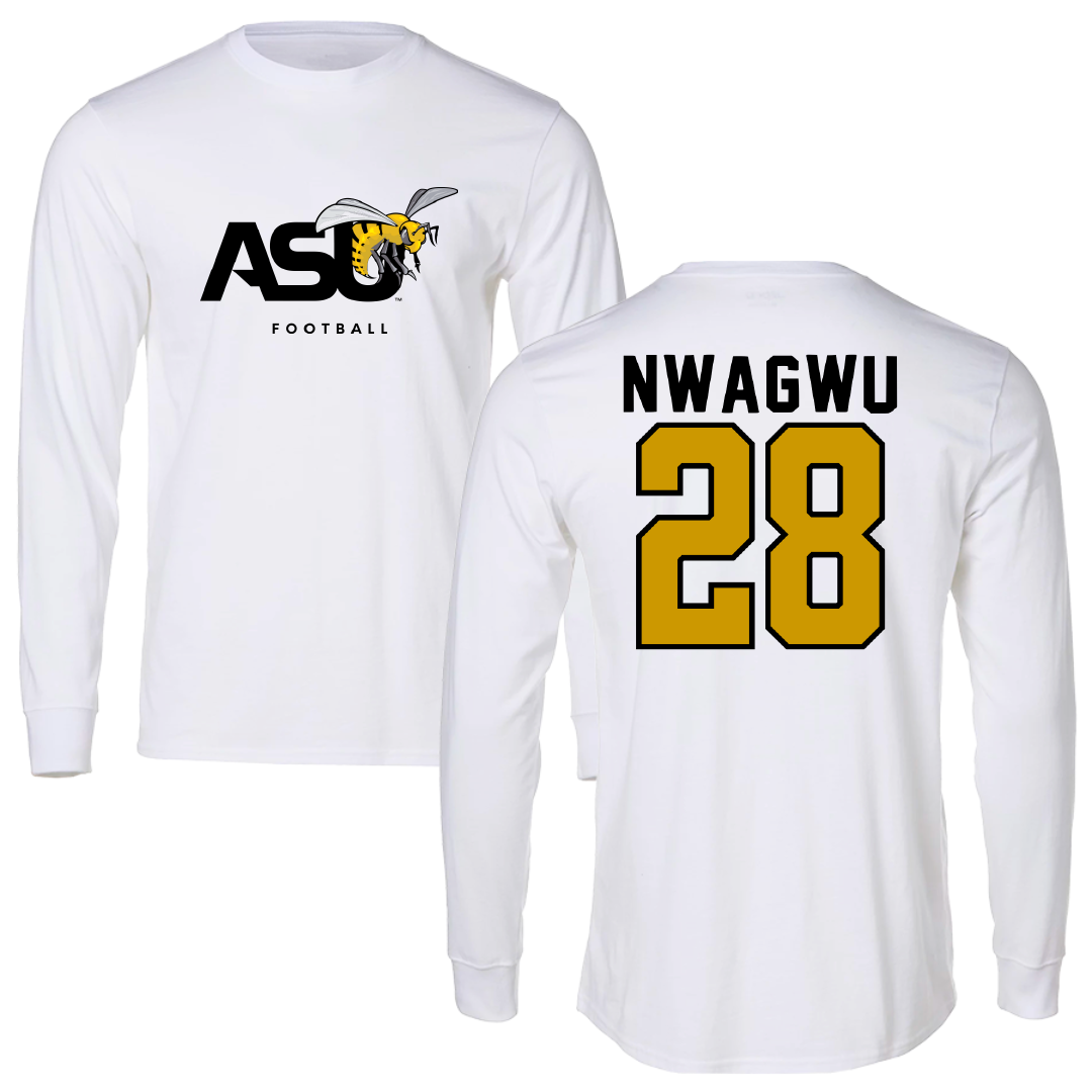 Alabama State University Football White Performance Long Sleeve - #28 Nathan Nwagwu