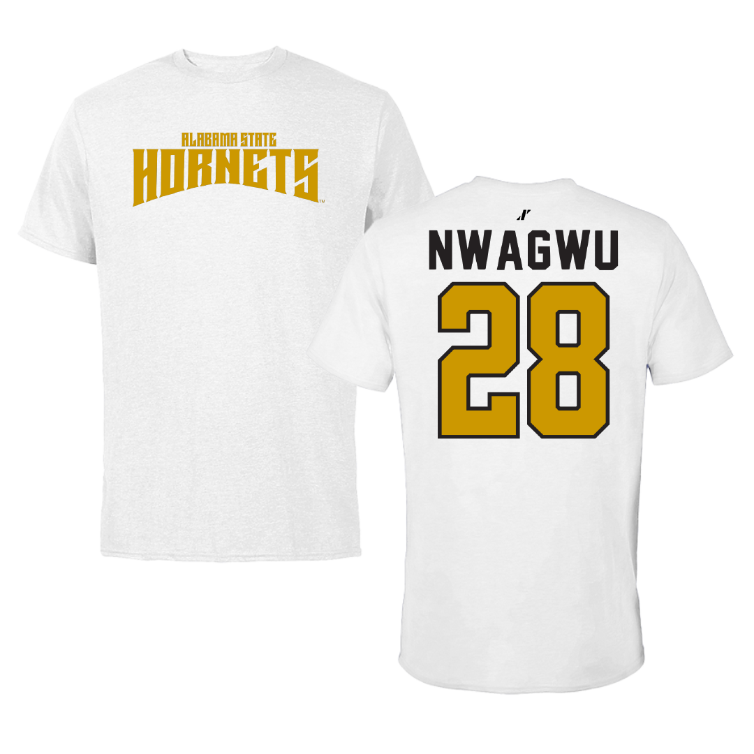 Alabama State University Football White Classic Performance Tee - #28 Nathan Nwagwu