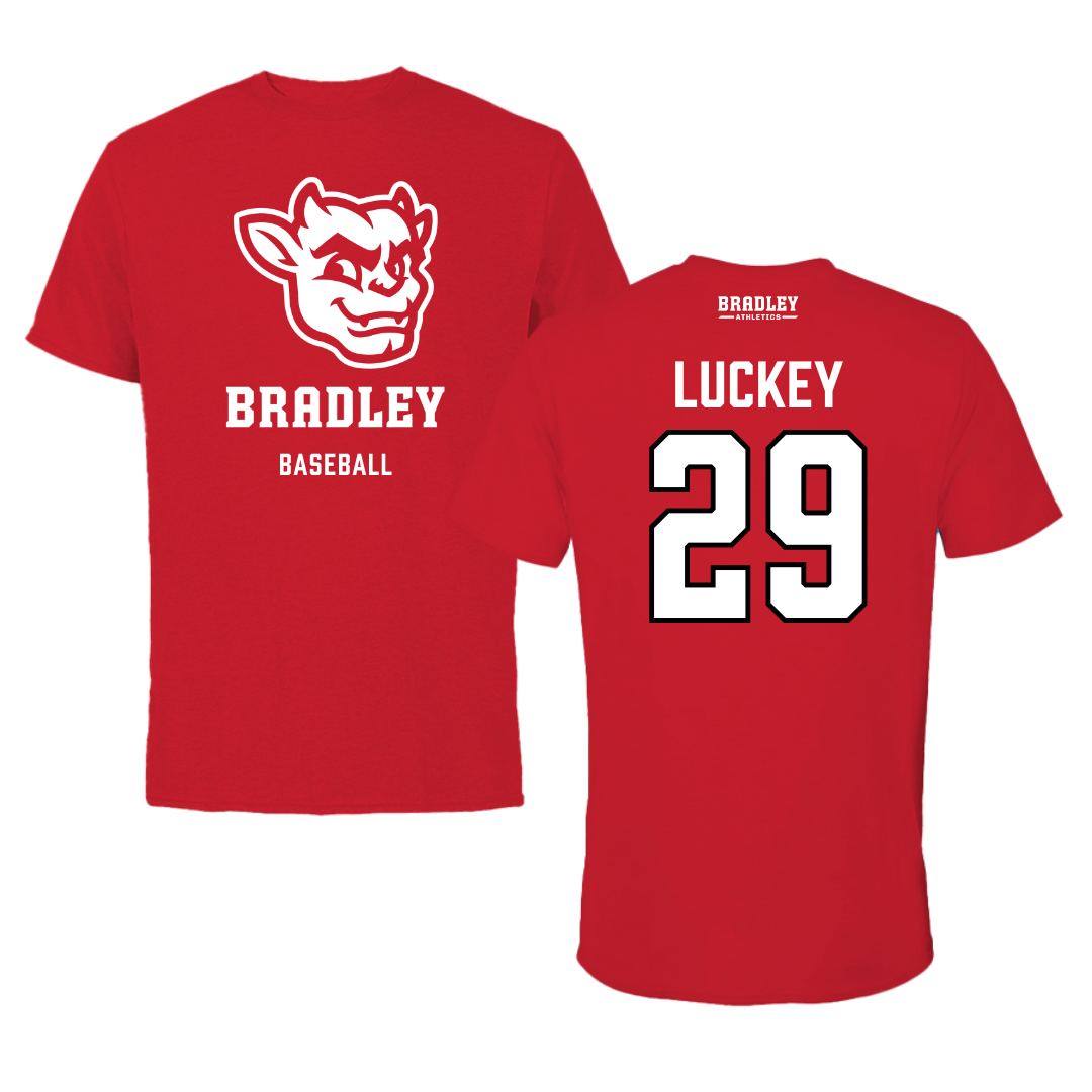 Bradley University Baseball Red Mascot Performance Tee - #29 Cole Luckey