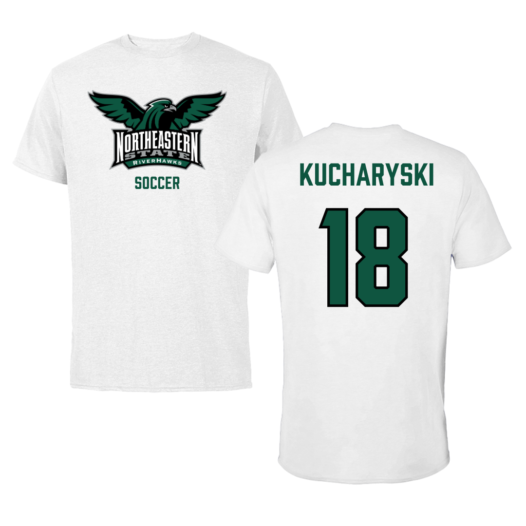 Northeastern State University Soccer White Performance Tee - #18 Olivia Kucharyski