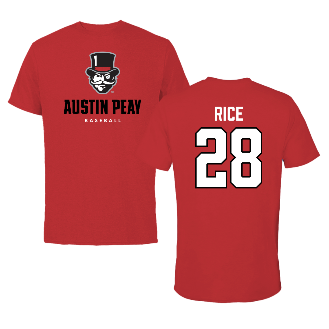Austin Peay State University Baseball Red Mascot Performance Tee - #28 Cannon Rice