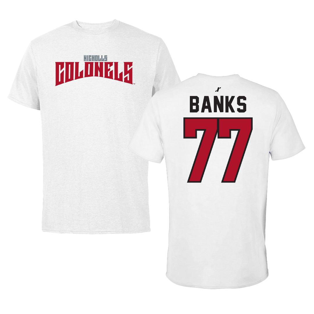 Nicholls State University Football White Classic Performance Tee - #77 Cam Banks