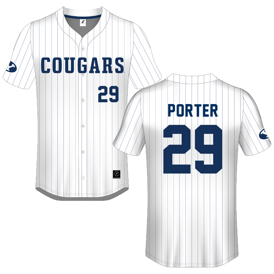 Brigham Young University White Pinstripe Button-Down Jersey - #29 Jake Porter