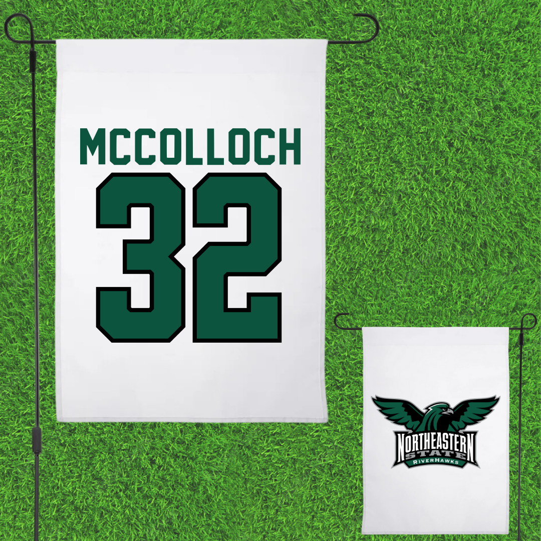 Northeastern State University Soccer White Garden Flag - #32 Cameron McColloch