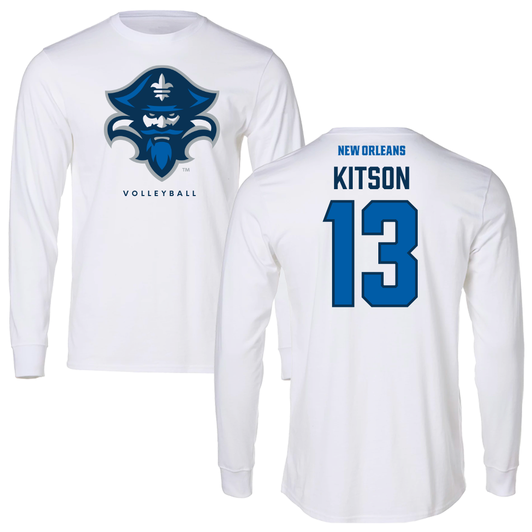 University of New Orleans Volleyball White Performance Long Sleeve - #13 Irene Kitson