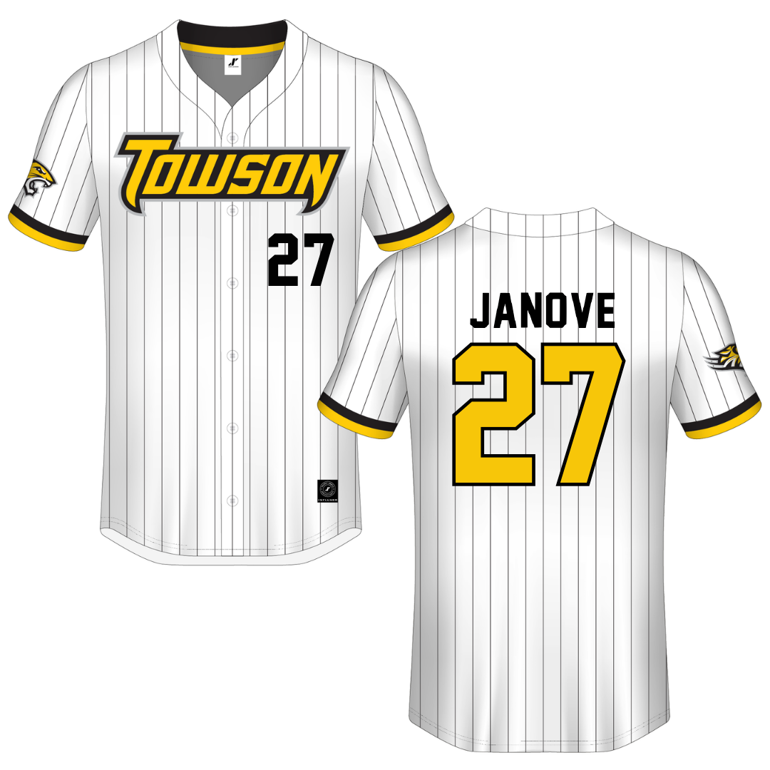 Towson University White Pinstripe Button-Down Jersey - #27 Josh Janove