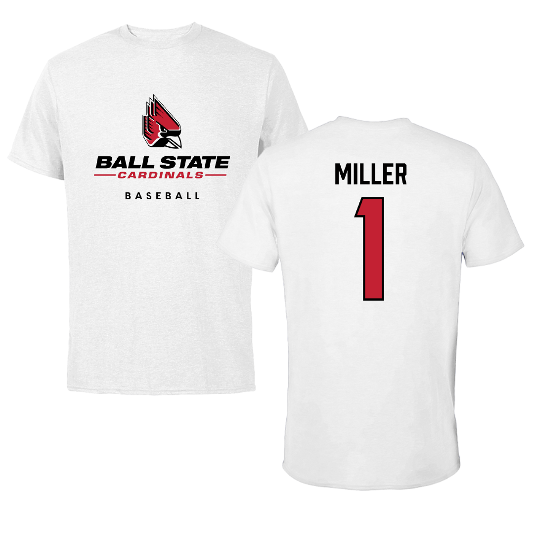 Ball State University Baseball White Performance Tee - #1 Grant Miller