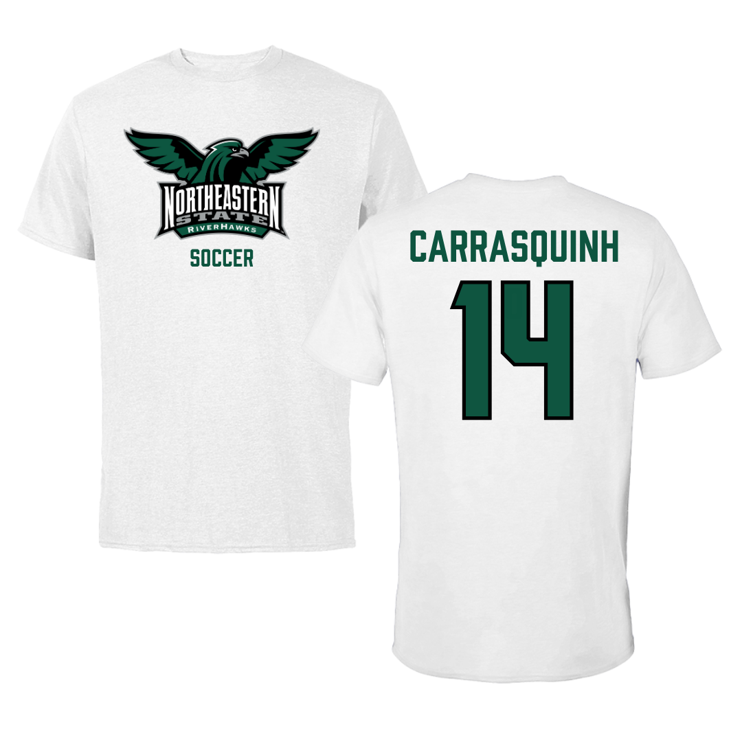 Northeastern State University Soccer White Tee - #14 Miguel Carrasquinho