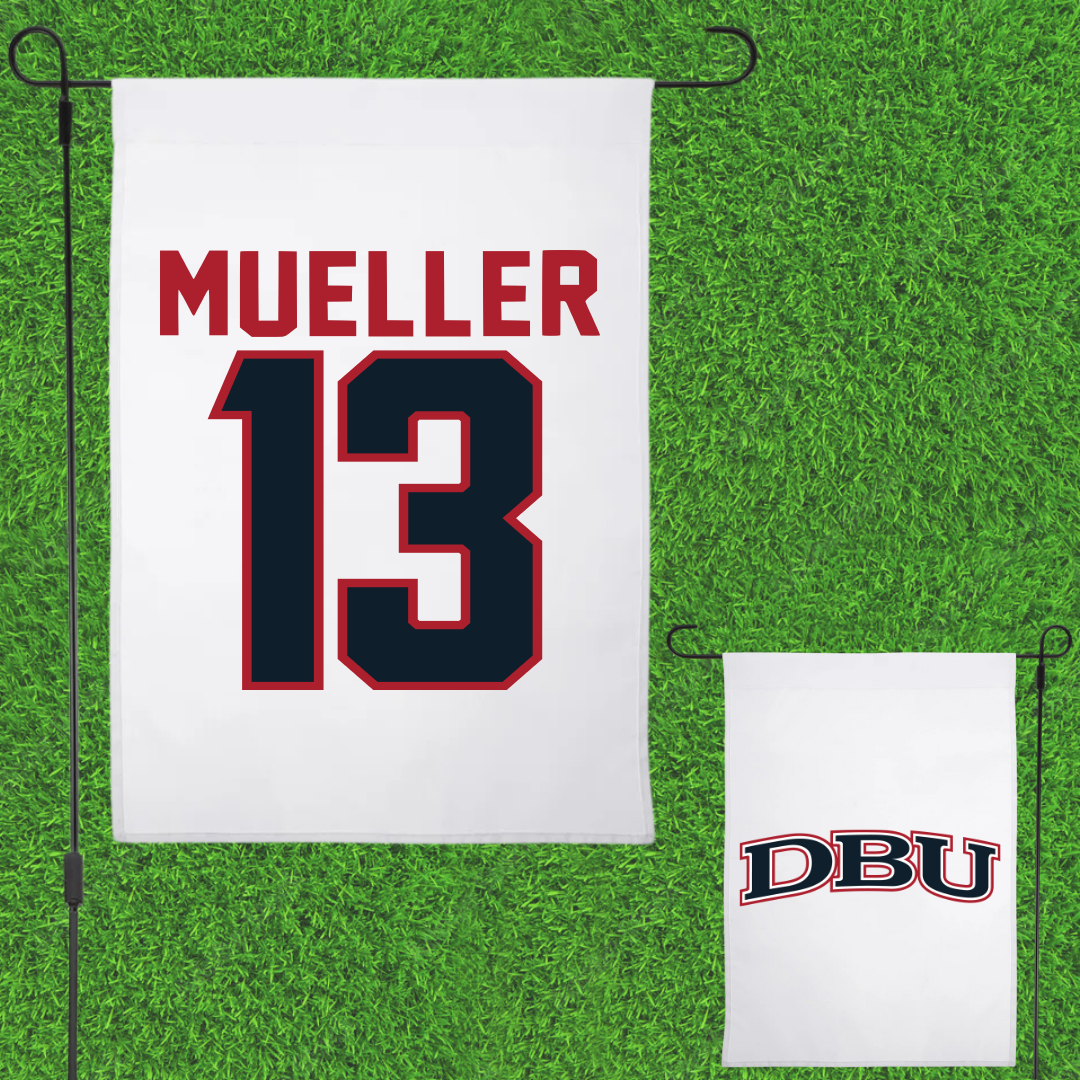 Dallas Baptist University Soccer White Garden Flag - #13 Sam Mueller