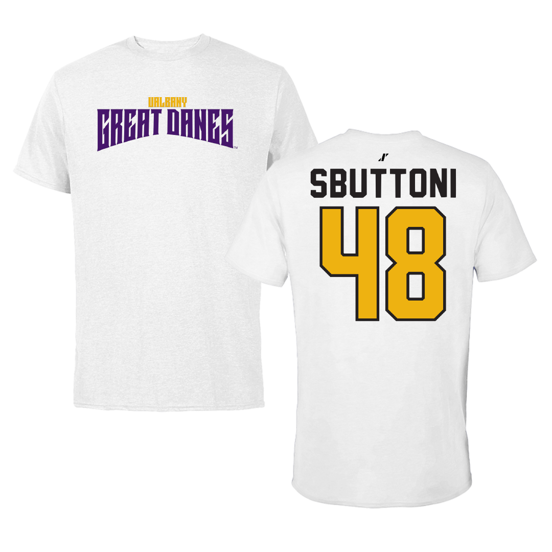 University at Albany Football White Classic Tee - #48 Michael Sbuttoni