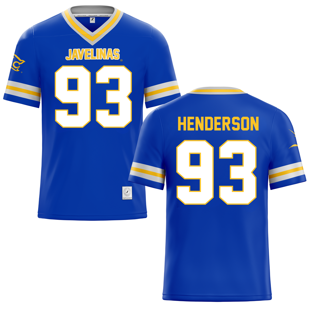 Texas A&M University-Kingsville Blue Football Jersey - #93 Xavier Henderson
