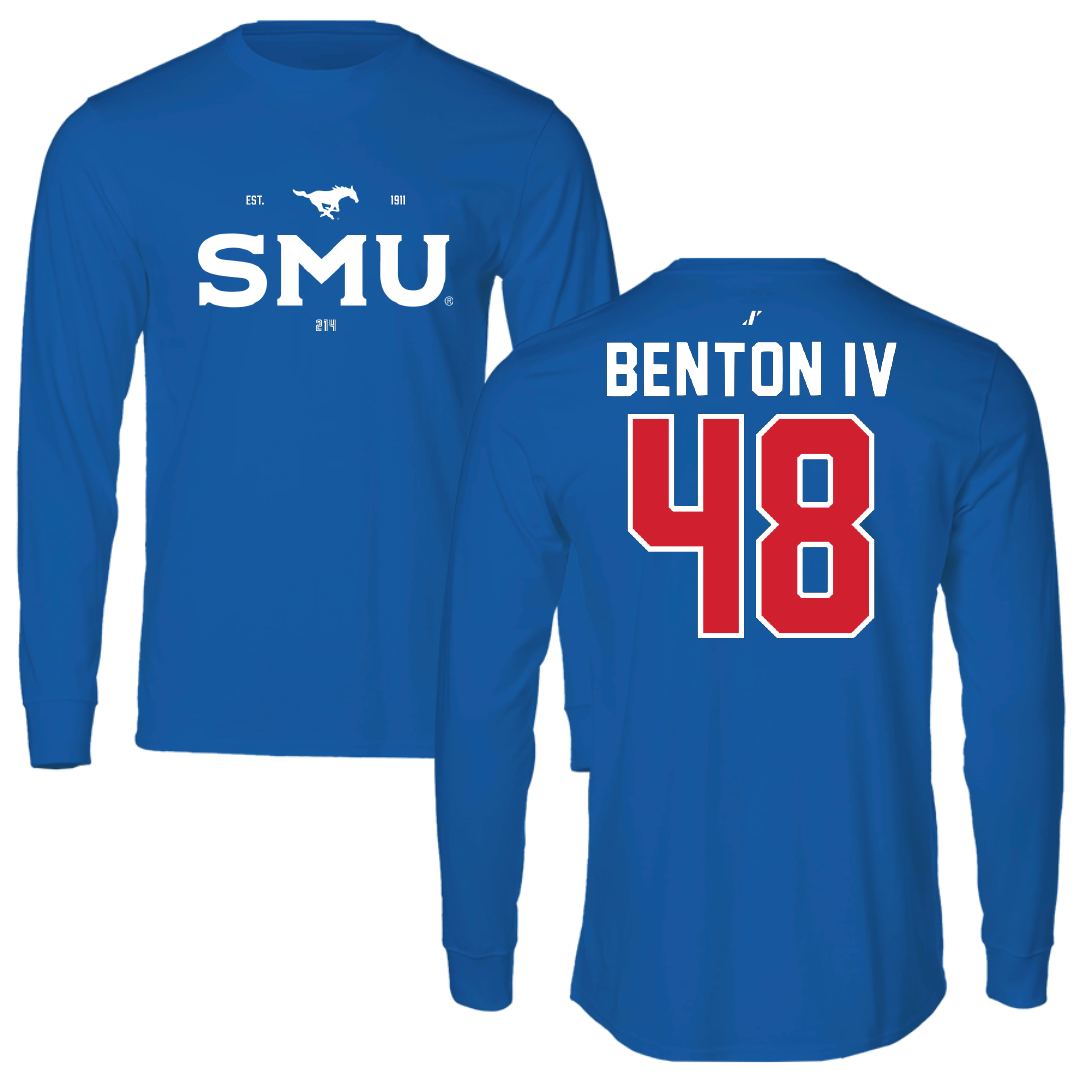Southern Methodist University Football Blue General Performance Long Sleeve - #48 Will Benton IV