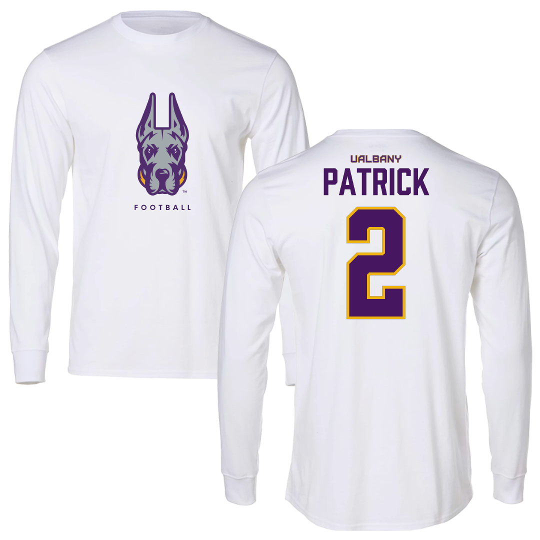 University at Albany Football White Performance Long Sleeve - #2 Denzel Patrick
