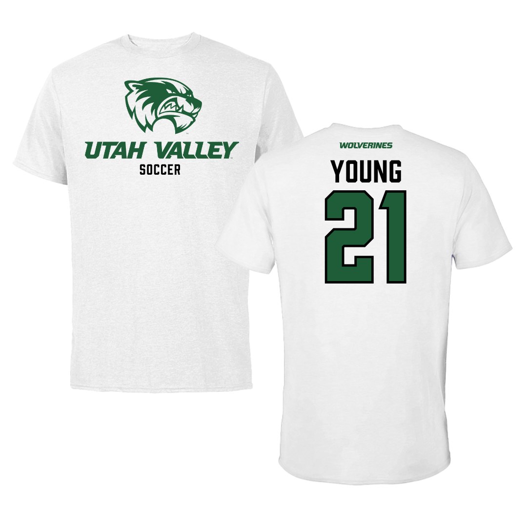 Utah Valley University Soccer White Performance Tee - #21 Elle Young