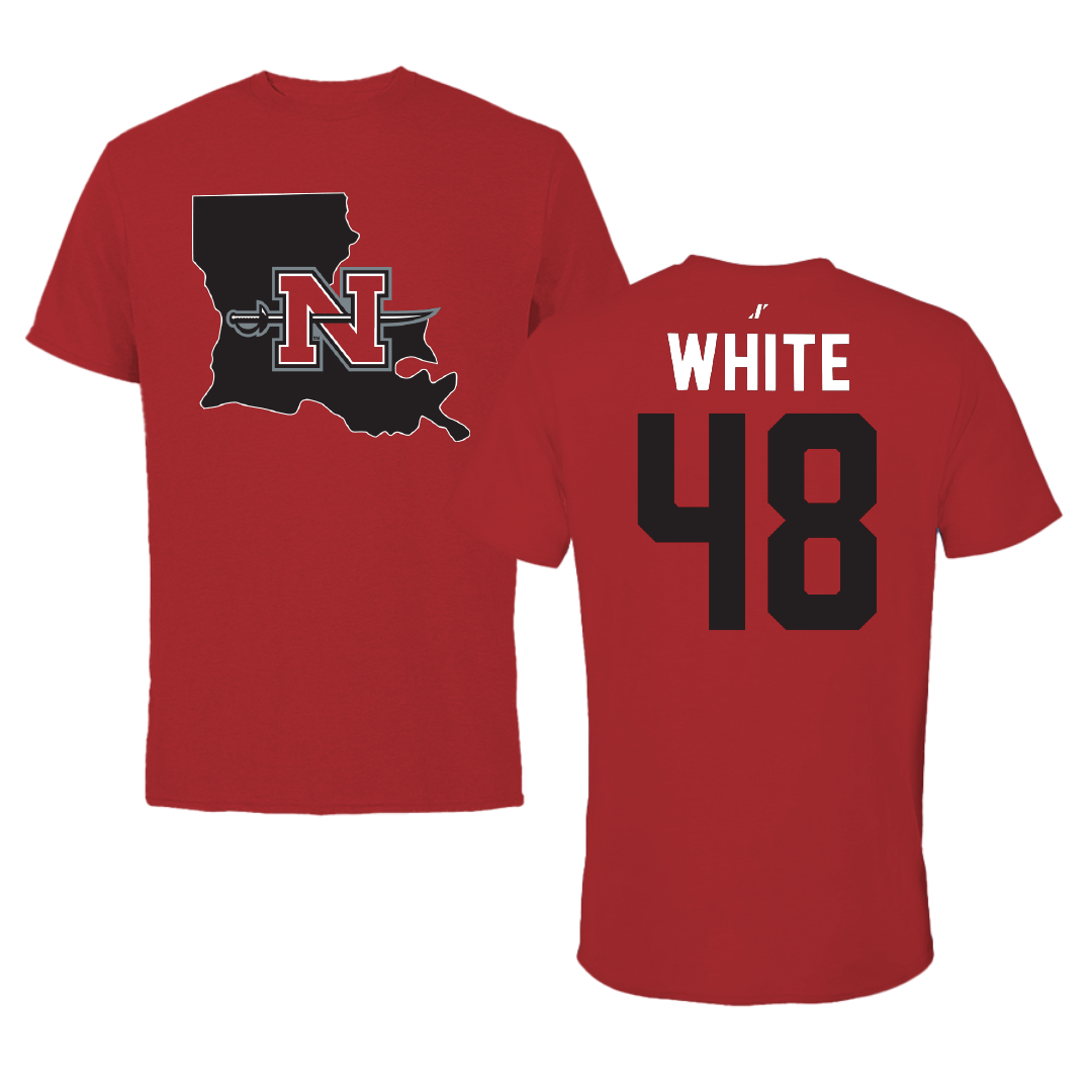 Nicholls State University Football Canvas Red State Tee - #48 Scott White