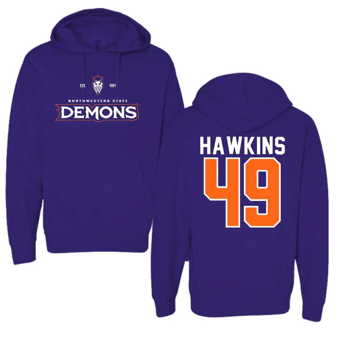 Northwestern State University Football Purple General Hoodie - #49 Christian Hawkins