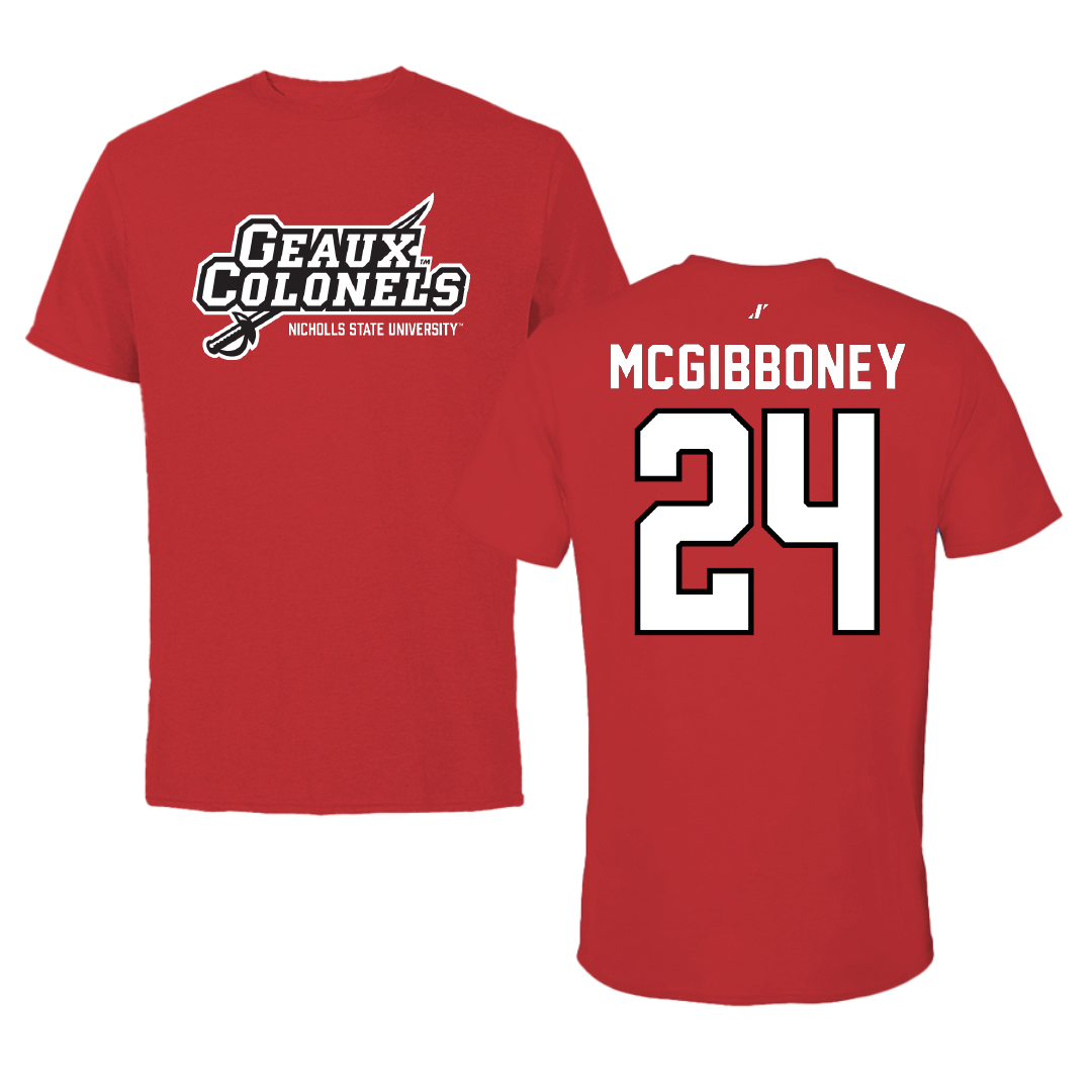 Nicholls State University Baseball Red General Performance Tee - #24 Luke McGibboney
