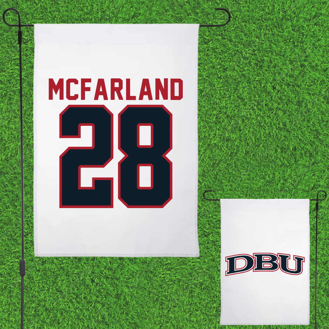 Dallas Baptist University Soccer White Garden Flag - #28 Riley McFarland
