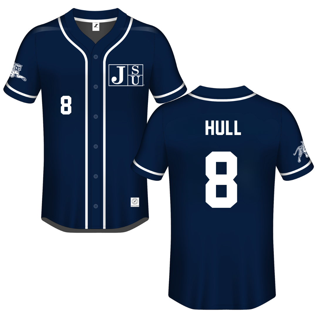 Jackson State University Navy Button-Down Jersey - #8 Davione Hull