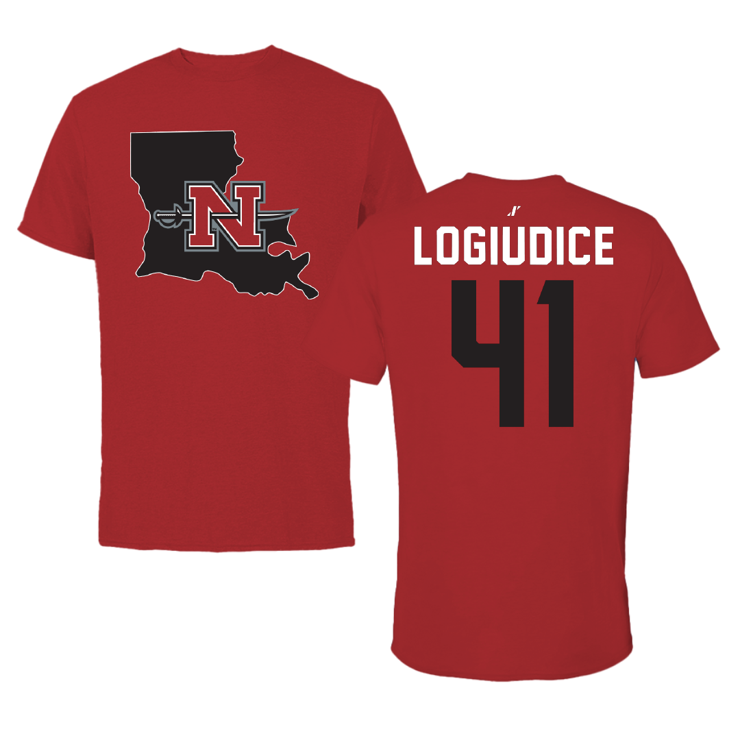 Nicholls State University Football Canvas Red State Tee - #41 Dominic LoGiudice