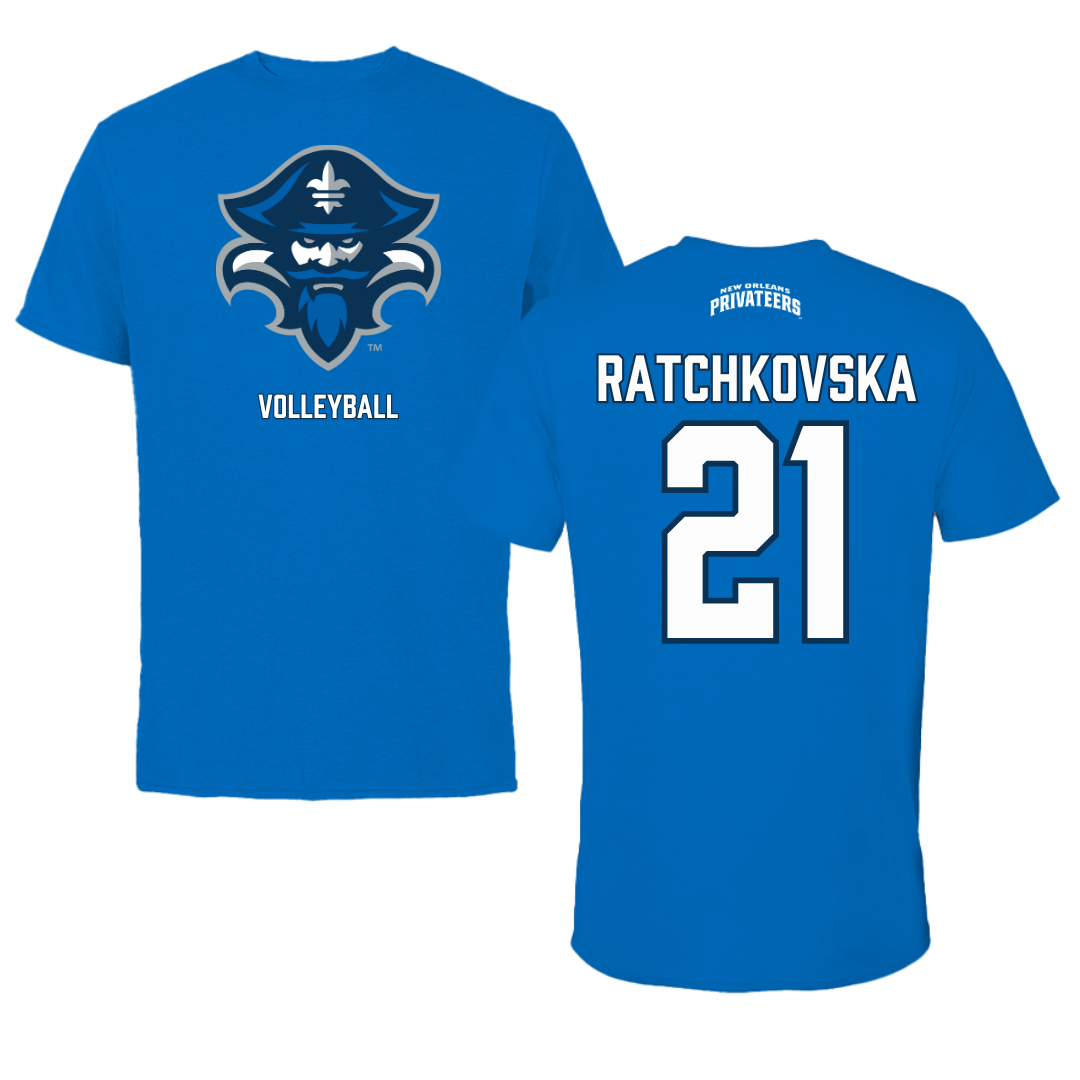 University of New Orleans Volleyball Blue Mascot Tee - #21 Elani Ratchkovska