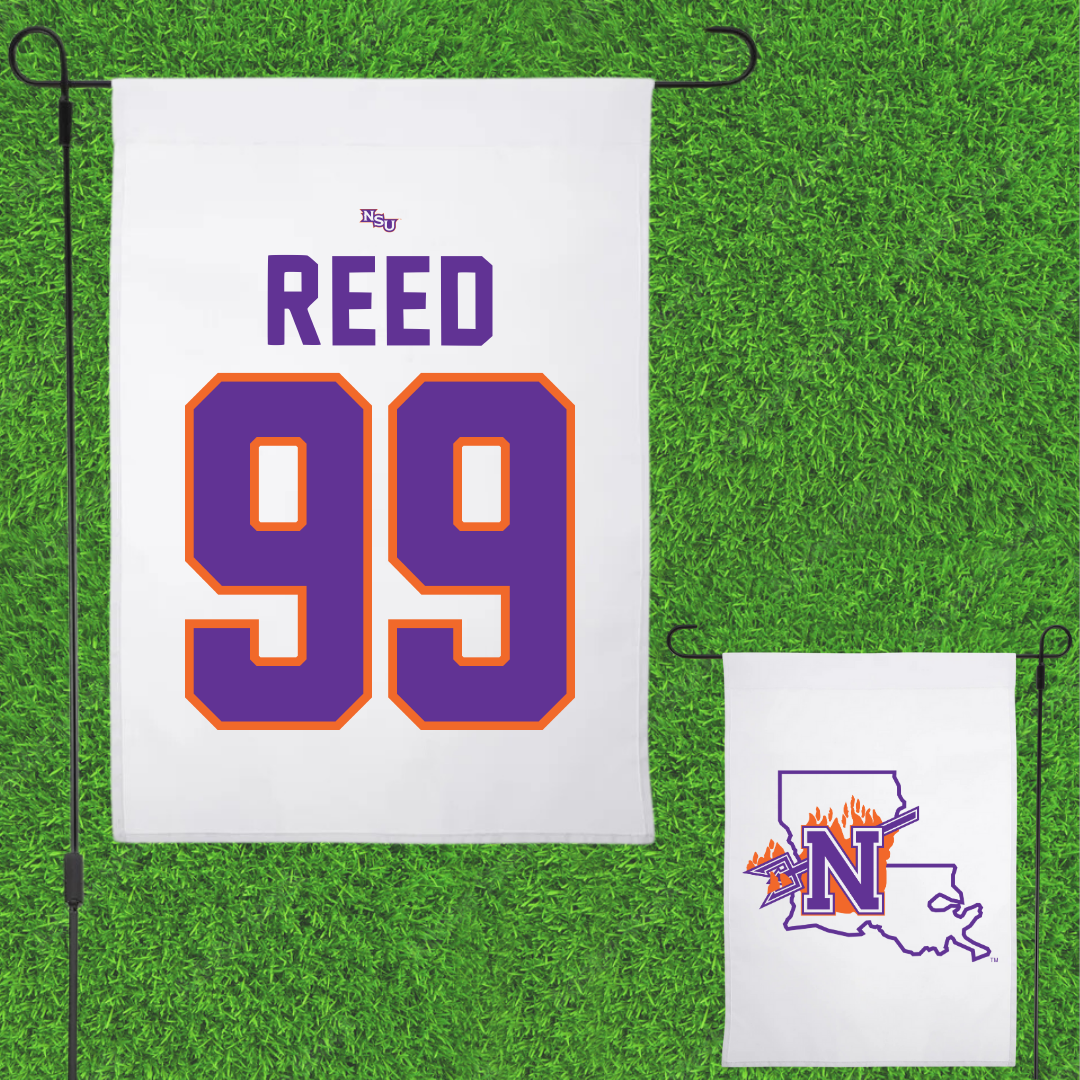 Northwestern State University Football White Garden Flag - #99 Ke’Shawn Reed