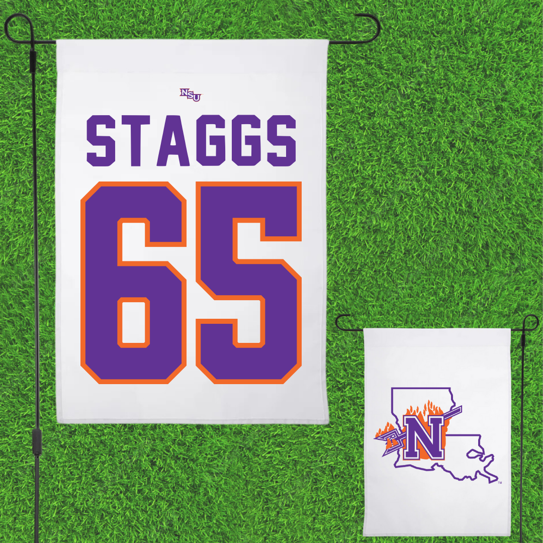 Northwestern State University Football White Garden Flag - #65 Brayden Staggs