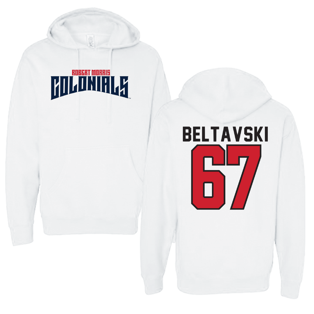 Robert Morris University Football White Classic Hoodie - #67 Luke Beltavski