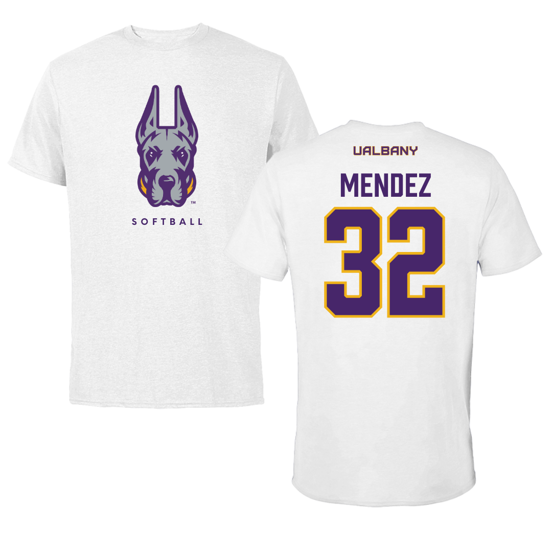 University at Albany Softball White Mascot Tee - #32 Natasha Mendez