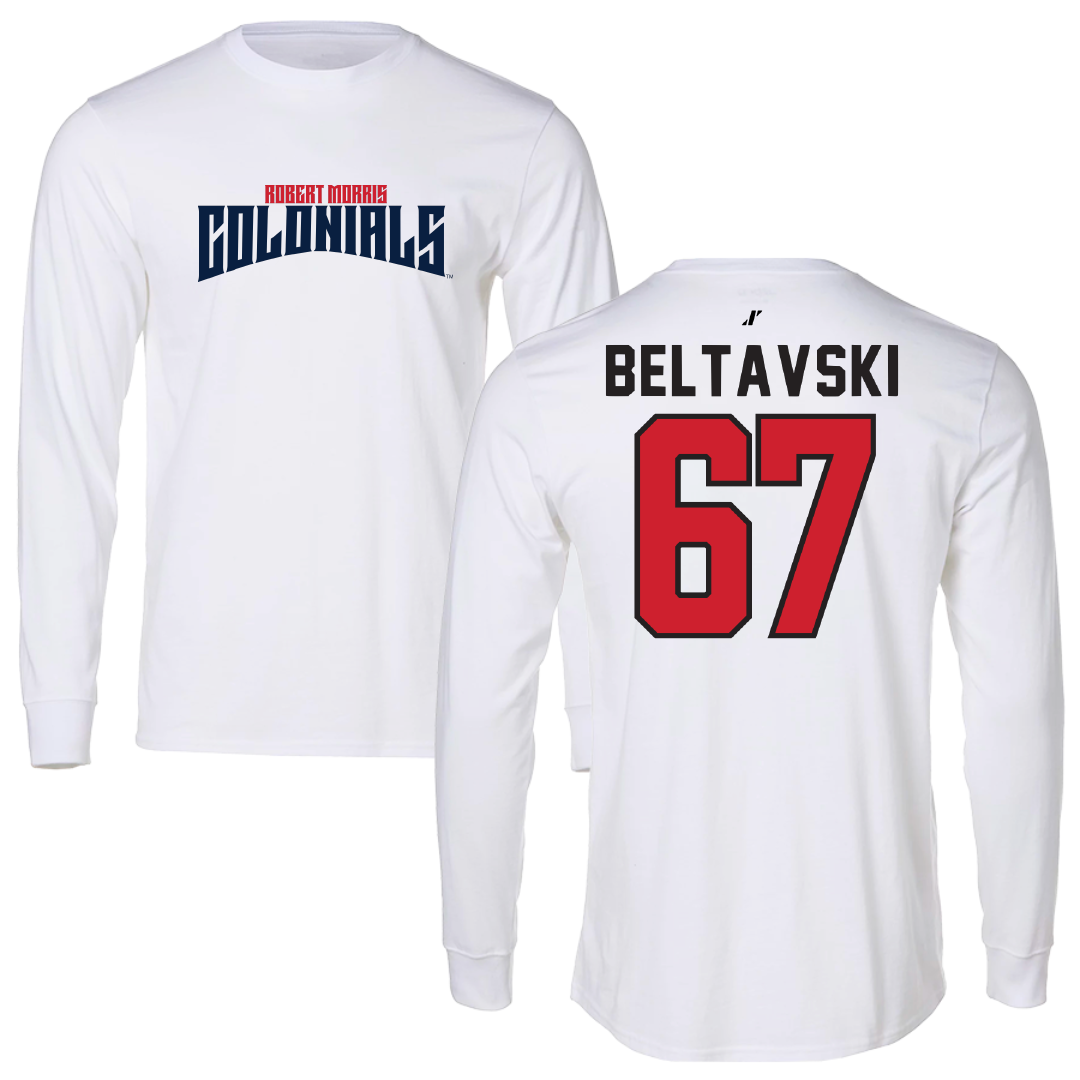 Robert Morris University Football White Classic Performance Long Sleeve - #67 Luke Beltavski