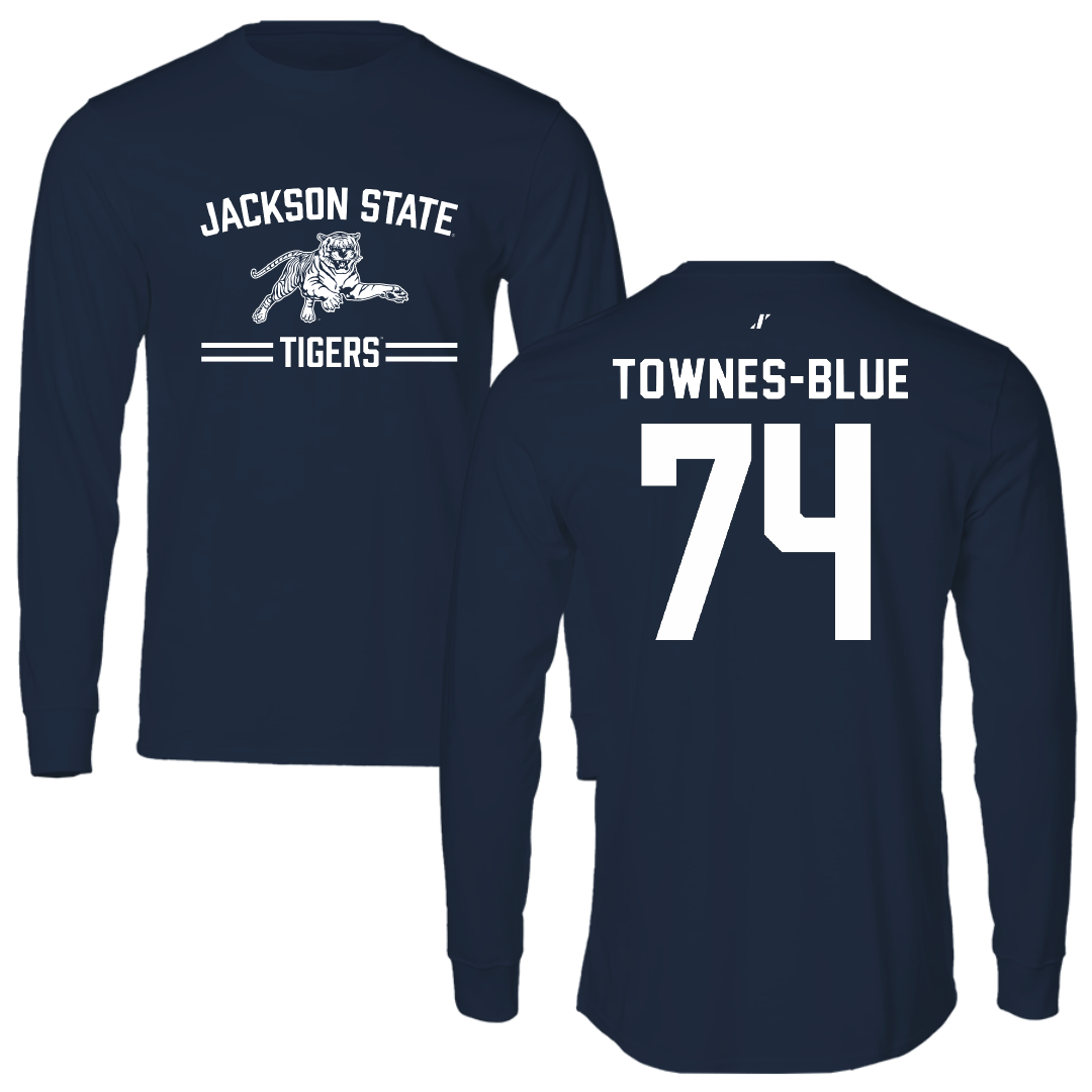 Jackson State University Football Navy General Performance Long Sleeve - #74 D’Andre Townes-Blue