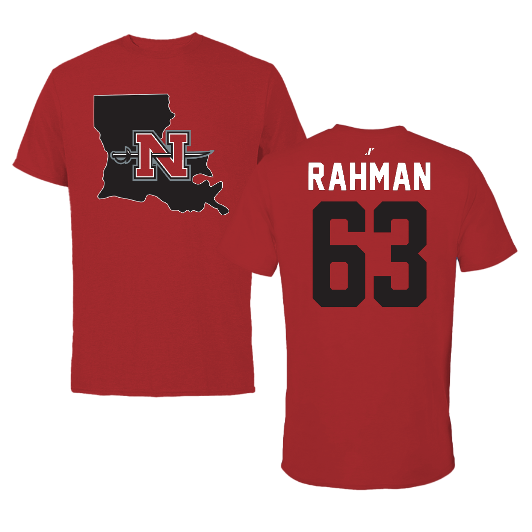 Nicholls State University Football Canvas Red State Tee - #63 Hamza Rahman