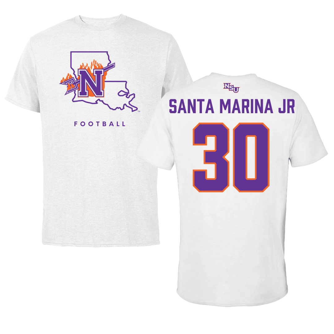 Northwestern State University Football White Performance Tee - #30 Troy Santa Marina Jr