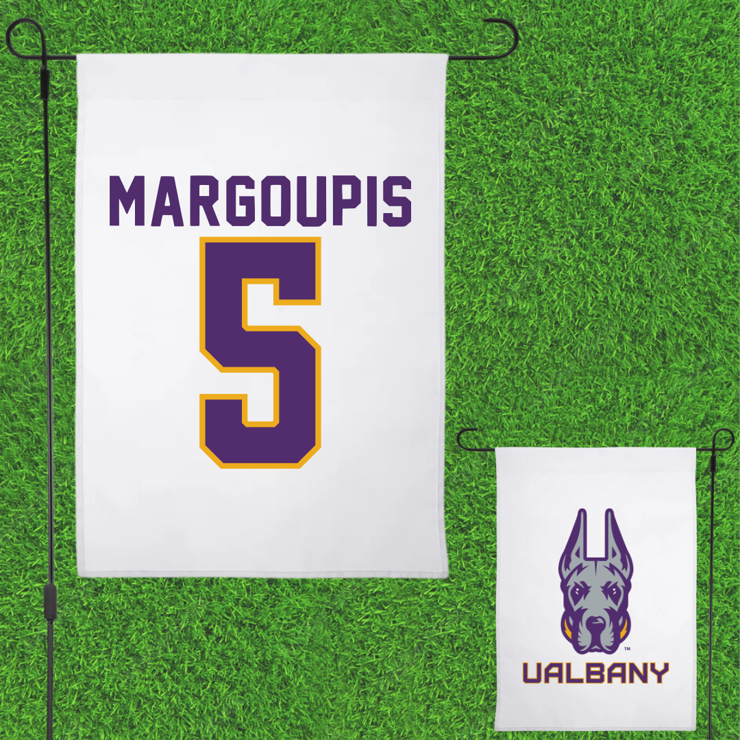 University at Albany Basketball White Garden Flag - #5 Jack Margoupis