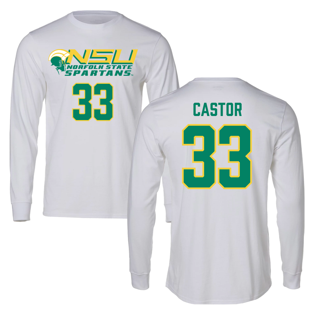 Norfolk State University Football White Performance Long Sleeve - #33 Darren Castor