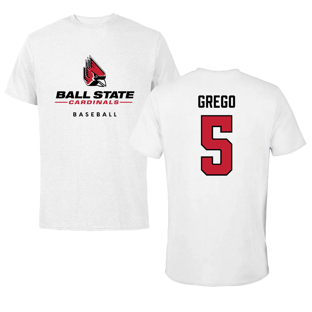 Ball State University Baseball White Performance Tee - #5 Dylan Grego