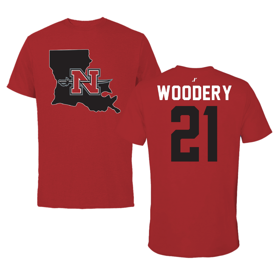 Nicholls State University Football Canvas Red State Tee - #21 Malik Woodery