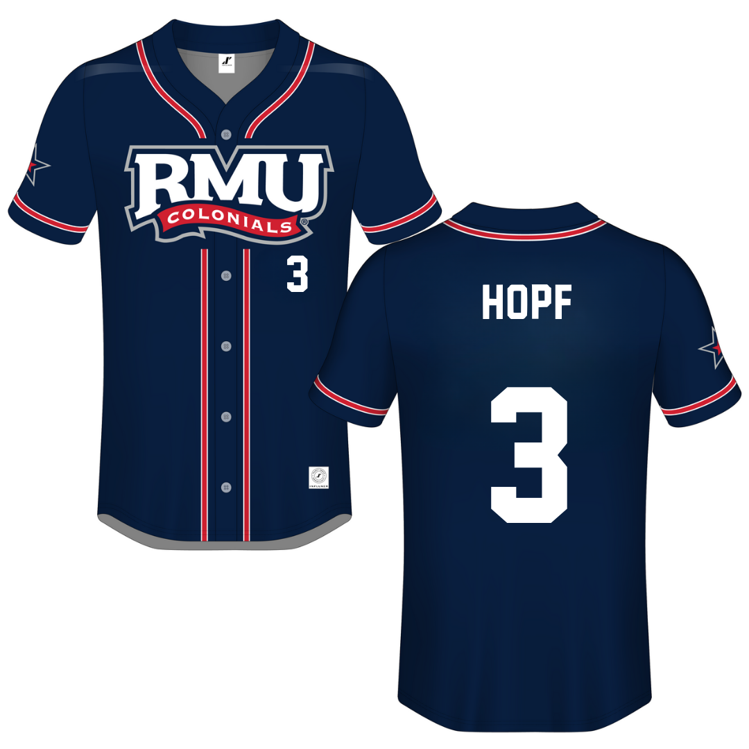 Robert Morris University Navy Button-Down Jersey - #3 Kaylyn Hopf