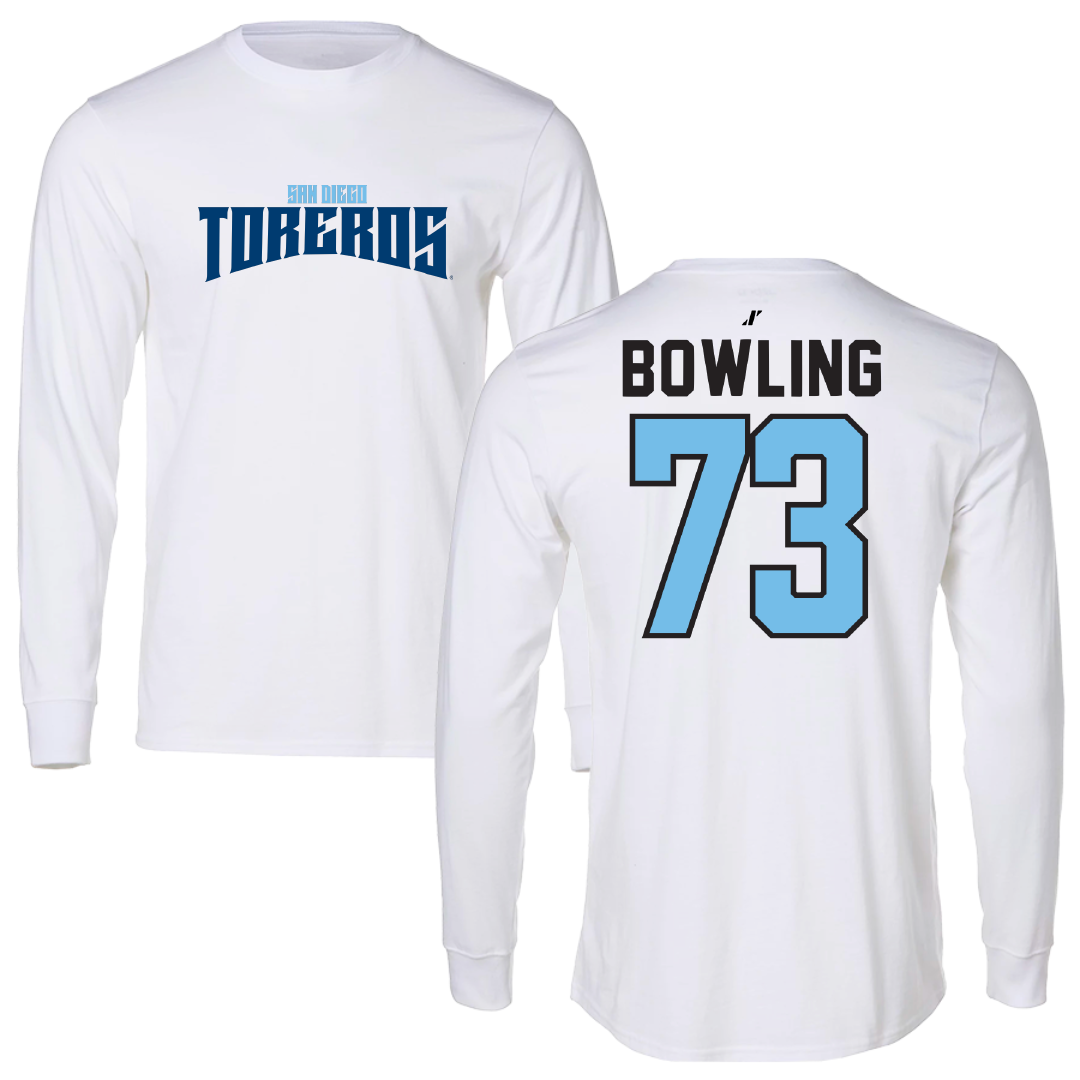 University of San Diego Football White Classic Performance Long Sleeve - #73 Evans Bowling