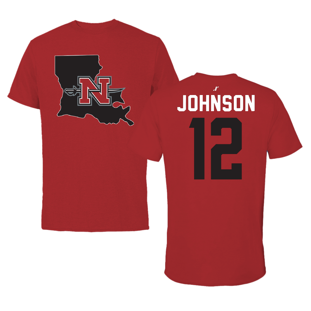 Nicholls State University Baseball Canvas Red State Tee - #12 Tyler Johnson