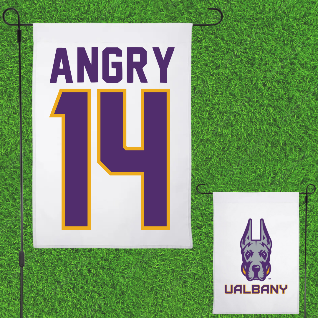 University at Albany Football White Garden Flag - #14 Kevon Angry