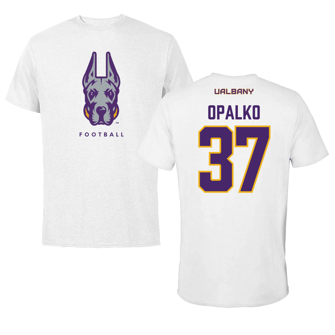 University at Albany Football White Mascot Tee - #37 John Opalko