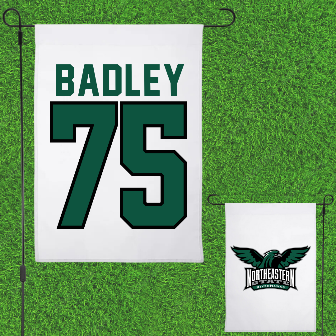 Northeastern State University Football White Garden Flag - #75 Cayson Badley