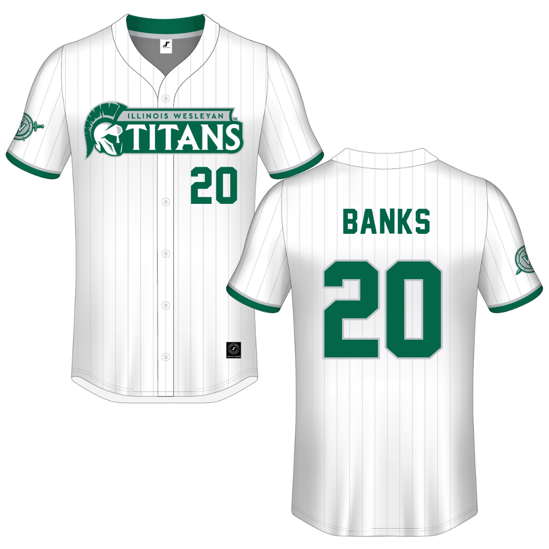 Illinois Wesleyan University White Pinstripe Button-Down Jersey - #20 Dalen Banks