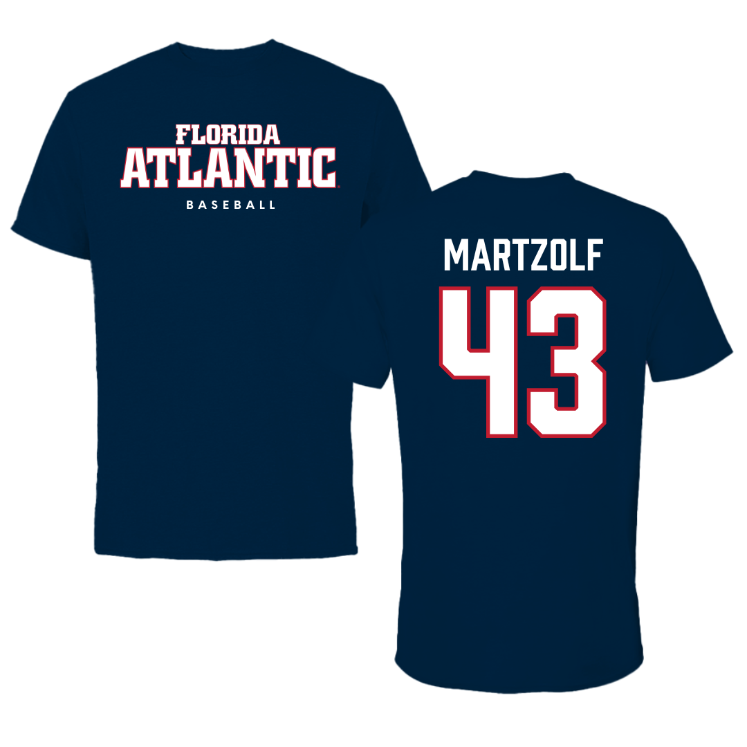 Florida Atlantic University Baseball Navy Block Performance Tee - #43 Max Martzolf