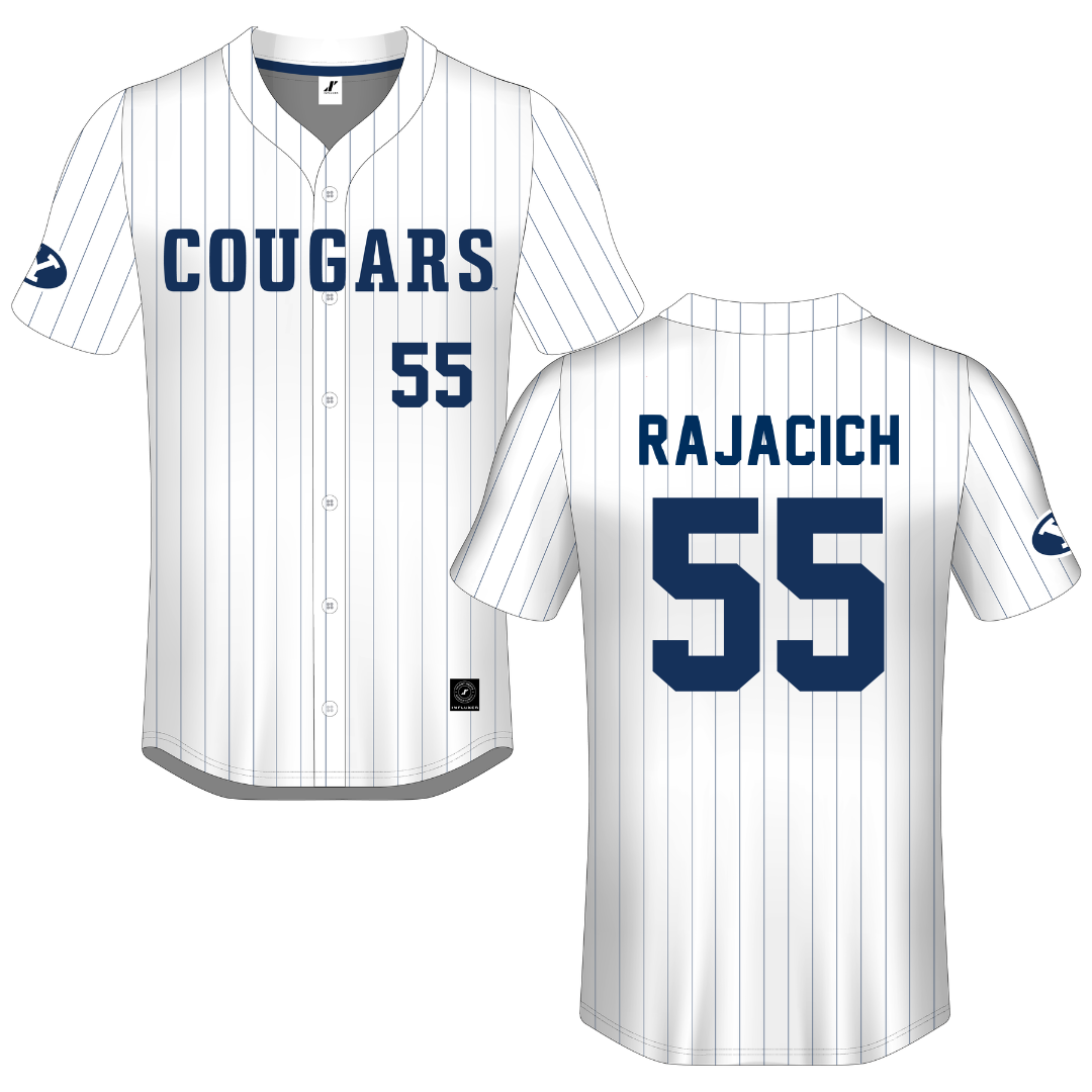 Brigham Young University White Pinstripe Button-Down Jersey - #55 Seth Rajacich