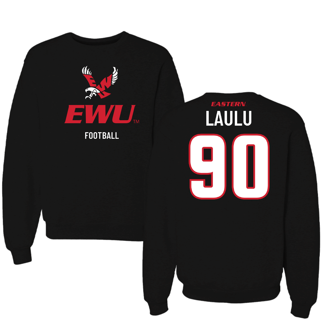 Eastern Washington University Football Black EWU Crewneck - #90 Justis Laulu